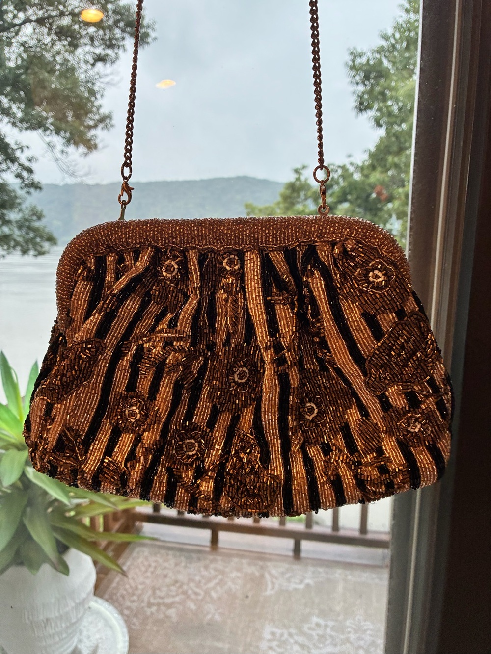 Anthropologie Beaded Evening Bag Clutch Removable Chain Bronze/ Black